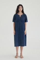 Relaxed Fit Linen Midi Dress with Notched Neckline and Front Pleat Detail